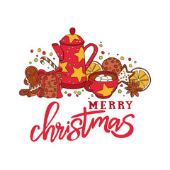 Merry Christmas. Lettering. Hot drinks. Cocoa with marshmallows. Christmas chocolate chip cookies. Gingerbread Man. Orange. Candy is a candy. Multi-colored dots. Isolated vector objec