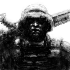 Dangerous soldier with a rifle on his shoulder. Illustration in the fantasy genre with the effect of coal and noise. Black and white