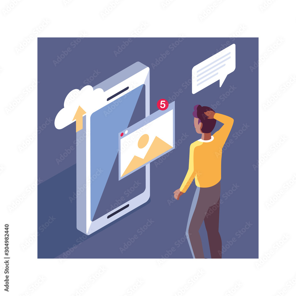 Poster man with smartphone screen and mobile applications