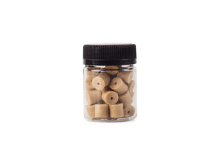 jar with black lid with colorful granules inside, quick snack concept, alternative to food, new kind of food, freeze-dried batochniki, eco-friendly products