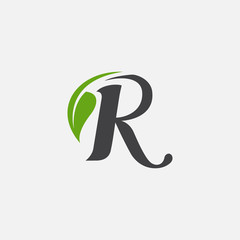 Vector green alphabet eco logo with leaves, Green Eco Alphabet Vector icon, initial R with nature logo design inspiration