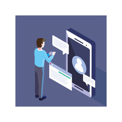 man with smartphone screen and mobile applications