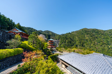 Fototapeta premium Beautiful famous landmark waterfall Nachi Falls in green forest blue sky Nachikatsuura Wakayama Prefecture Japan Nachi Fall is one of the best waterfalls in Japan idea for rest relax enjoy lifestyle