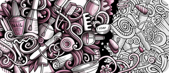 Nail salon hand drawn doodle banner. Cartoon detailed illustrations.