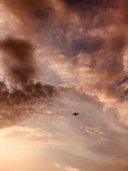 sunset and airplane in the sky