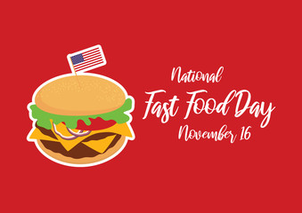 National Fast Food Day vector. Burger cartoon. Hamburger icon vector. Burger with american flag vector. American food and beverage holiday. Fast Food Day Poster, November 16