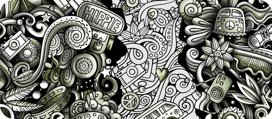 Hippie hand drawn doodle banner. Cartoon detailed illustrations.