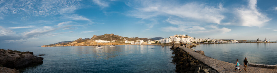 Panorama of capital and port of Naxos, chora, from Portara area, Cyclades, Greece