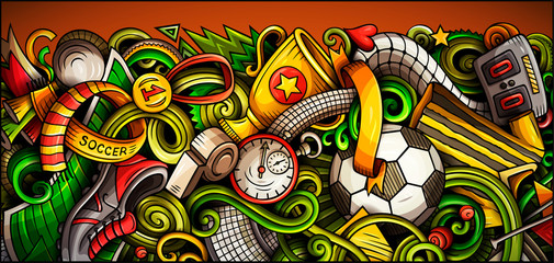 Soccer hand drawn doodle banner. Cartoon detailed illustrations.