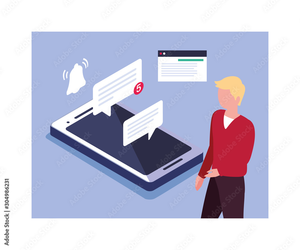 Poster man with smartphone screen and mobile applications