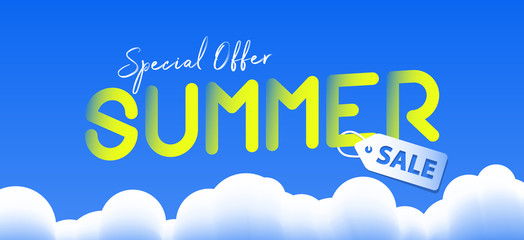 Summer sale promotion website banner heading design on graphic blue sky and cloud background vector for banner or poster. Sale and Discounts Concept.