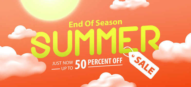 End of season summer sale 50 percent off promotion website banner heading design on graphic red sky background vector for banner or poster. Sale and Discounts Concept.