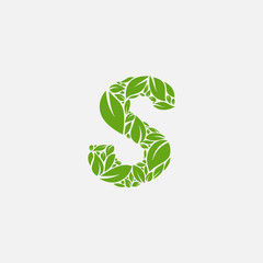 Vector green alphabet eco logo with leaves, Green Eco Alphabet Vector icon, initial S with nature logo design inspiration.