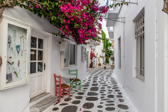 Traditional small alleys at Parikia the port of Paros island, in Cyclades, Greece
