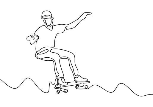 one continuous drawn line skateboard drawn by hand picture silhouette. Line art vector sketch single handdrawn. Minimalism design.