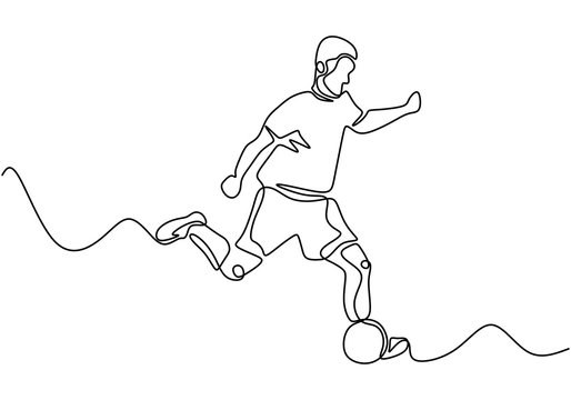 Continuous line drawing of football player. Vector hand drawn sketch one lineart simplicity and minimalism style of sport theme. People playing game on the match.