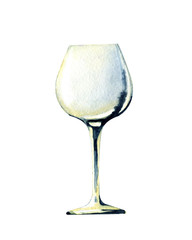Glass glass with a drink, with wine. The wave in the glass. Hand drawn watercolor illustration isolated on white background for design of cafe, menu, restaurant, banner, background.