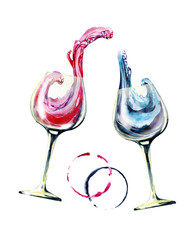 Glass glass with a drink, with wine. The wave in the glass. Hand drawn watercolor illustration isolated on white background for design of cafe, menu, restaurant, banner, background.