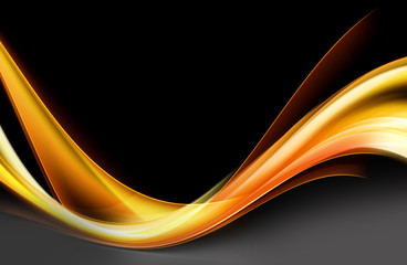 Orange and gold flowing wave on black background. Glowing motion lines backdrop.