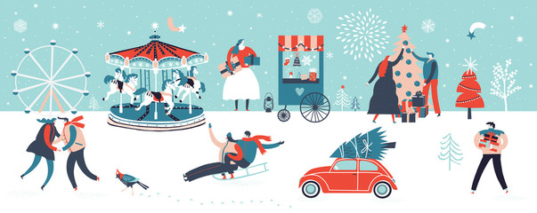 Christmas New Year banner. Background Winter design &nbsp;with carousel, people celebrate New Year,  decorate a Christmas tree, enjoy winter holidays. Horizontal poster, greeting card, header, website