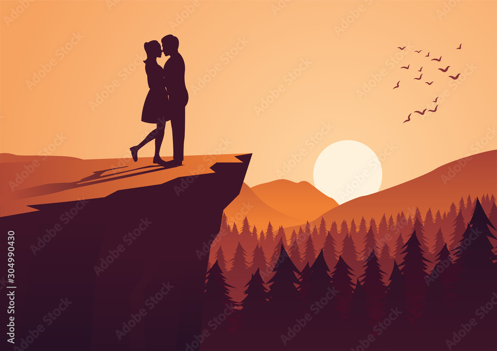 Wall mural couple hug together near cliff and close to a pine forest,silhouette style,vector illustration