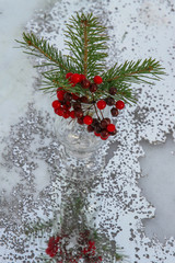 Fototapeta na wymiar Christmas fir branch with red berries. selective focus