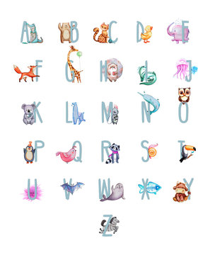 ANIMAL ALPHABET LETTER - A-Z . Funny Kids English Alphabet with Animals Watercolor Illustration