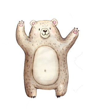 Cute Watercolor Bear, Isolated Illustration Good For Baby Clothes Print, Children Greeting Card