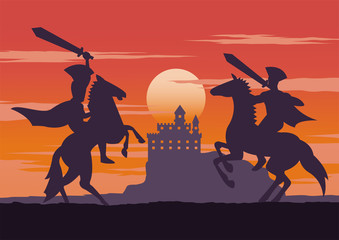 knight fighting on horse nearby castle on sunset time,vintage color,vector illustration