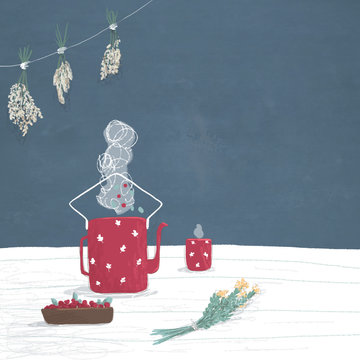 Hand drawn background illustration of a tea time. Still life teapot plate with berries and a mug. Perfect for wallpaper, banner or greeting card. The concept of autumn or winter comfort.