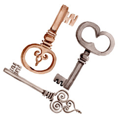 Isolated old key illustration element. Watercolor background illustration set. Isolated keys illustration element.
