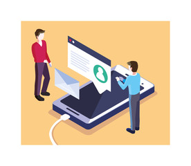 men with smartphone screen and mobile applications