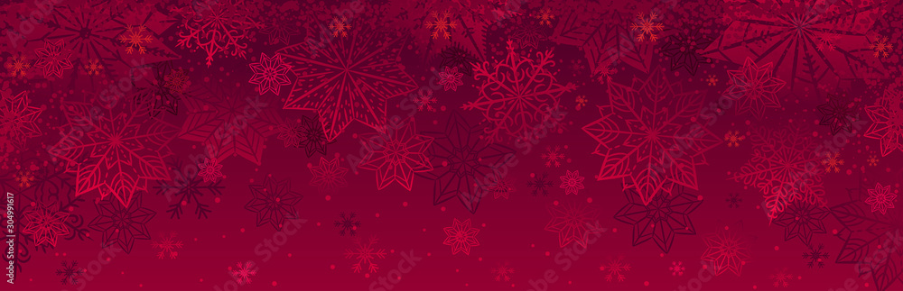 Wall mural red christmas banner with snowflakes. merry christmas and happy new year greeting banner. horizontal