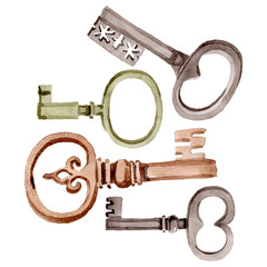 Isolated old key illustration element. Watercolor background illustration set. Isolated keys illustration element.