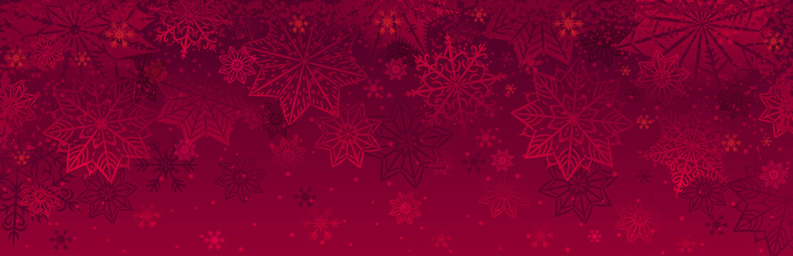 Red christmas banner with snowflakes. Merry Christmas and Happy New Year greeting banner. Horizontal new year background, headers, posters, cards, website.Vector illustration