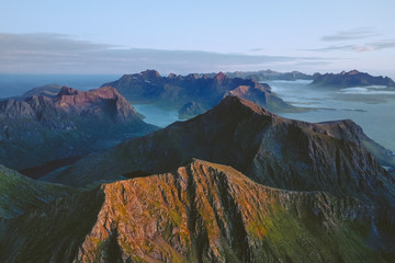Norway landscape aerial view sunset mountains travel in Lofoten islands sunset nature visiting beautiful destinations