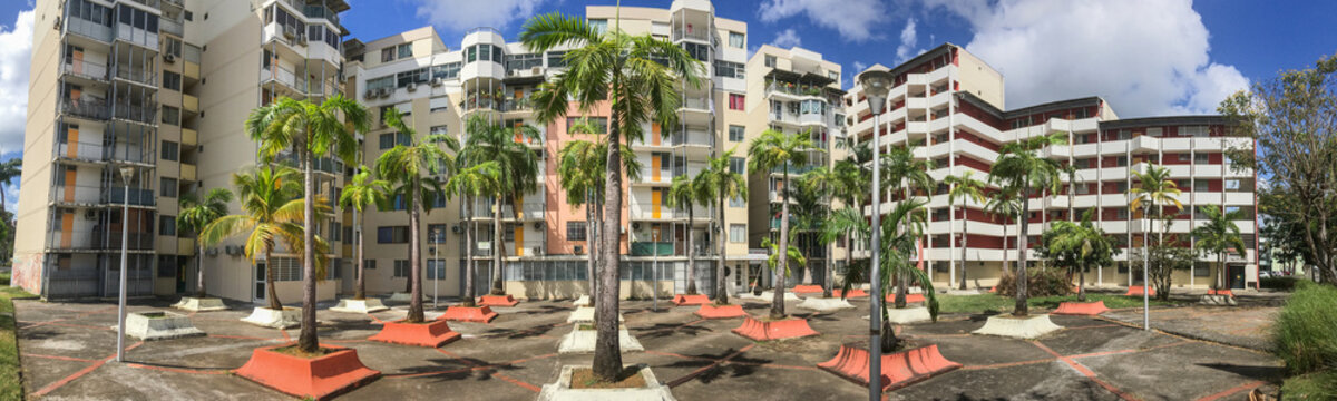French Caribbean, Antilles, Guadeloupe, Pointe-à-Pitre, panoramic view of a social housing appartment block