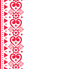 Valentine's Day vector greeting card or wedding inviatation vertical design - Scandinavian traditional embroidery folk art style with flowers 