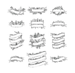 Set of floral ribbon banner. Hand drawn vector Vintage floral banners. Sketch ink illustration. Banner with leaves, flowers and birds.