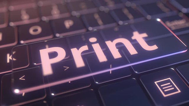 Futuristic computer keyboard and transparent print key. Conceptual 3D animation