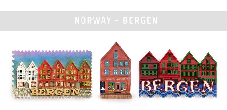 Souvenir (magnet) from Norway isolated on white background. The inscription is the name of the city "Bergen" in English