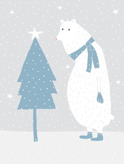 Winter Vector Illustration with White Polar Bear Standing Next to Christmas Tree. Cute Teddy Bear in a Hat and a Scarf. Lovely Winter Nursery Art for Poster, Card, Greeting, Wall Art, Room Decoration.