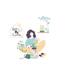 Girl meditating on the natural background with big leaves, faceless young woman in beautiful nature vector Illustration. retro style colorful. Interior in house for greeting, invite card. Flat design