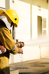 Fireman training, fireman using water and extinguisher to fighting with fire flame in a simulating fire evacuation at industrial company.