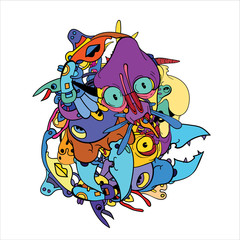 Vector abstract cartoon doodle skull, bone, insect, and head colorful illustration. Liquid and fluid abstract tribal tattoo, sticker and wallpaper background.