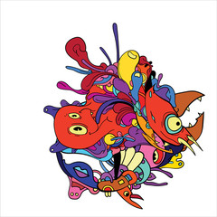 Obraz premium Vector abstract&nbsp;cartoon&nbsp;doodle skull, bone, insect, and head colorful illustration. Liquid and fluid abstract&nbsp;tribal tattoo, sticker and wallpaper&nbsp;background.