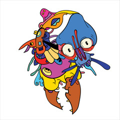 Vector abstract cartoon doodle skull, bone, insect, and head colorful illustration. Liquid and fluid abstract tribal tattoo, sticker and wallpaper background.