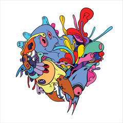 Vector abstract cartoon doodle skull, bone, insect, and head colorful illustration. Liquid and fluid abstract tribal tattoo, sticker and wallpaper background.