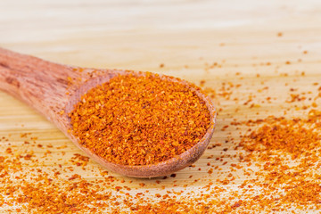 Paprika spices, a sweet peper on a wooden background