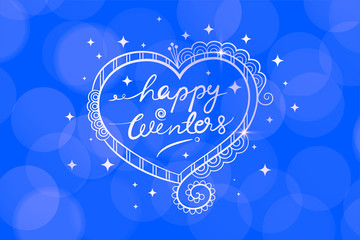 happy winters blue bokeh background with doodle art